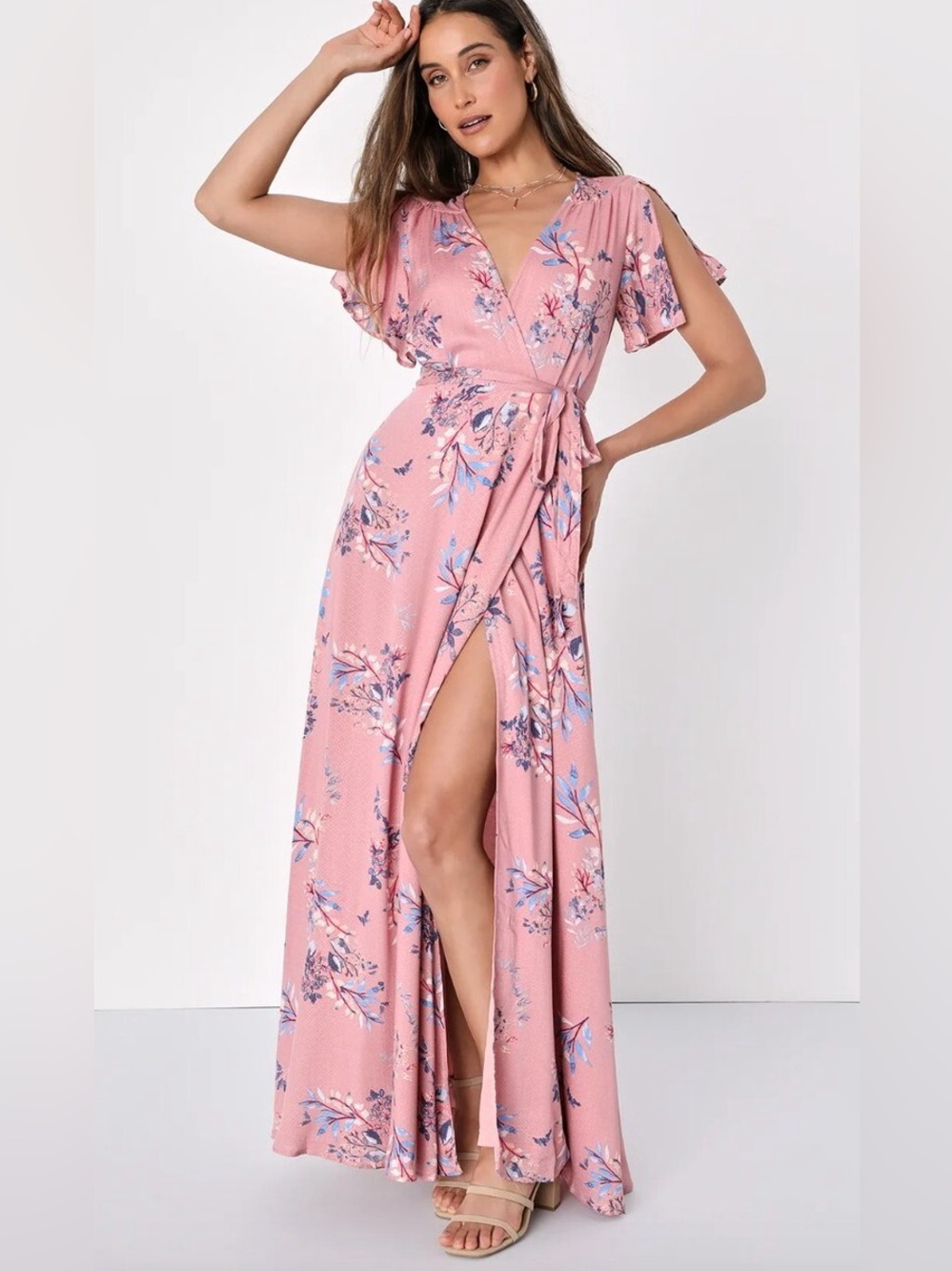 Lulus Fiorire Rose Floral Print Wrap Maxi Dress - large